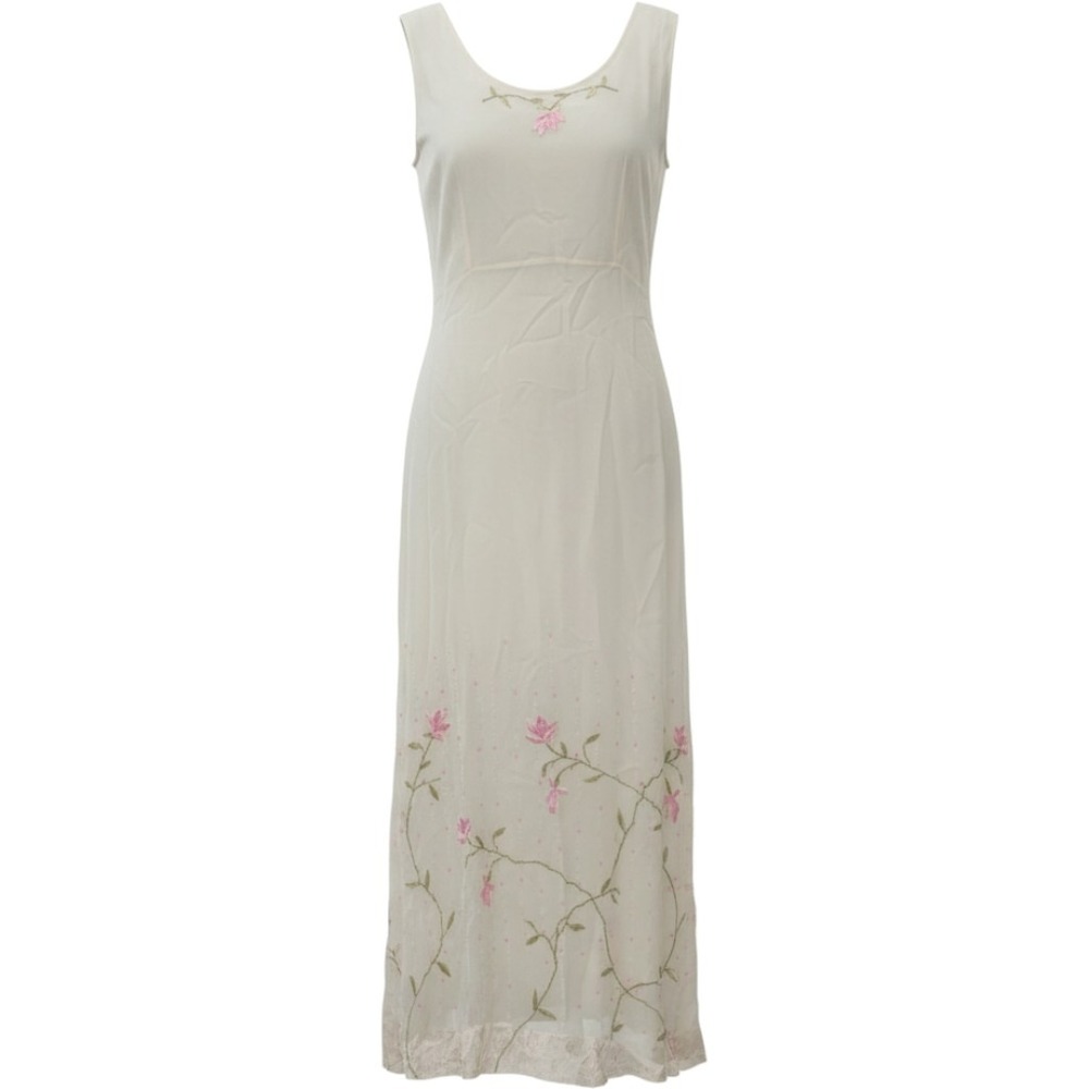 Papillon Women Medium Ivory Rayon Maxi Dress Pink Floral Embroidered Cottagecore